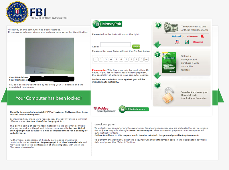 FBI Moneypak ウイルス
